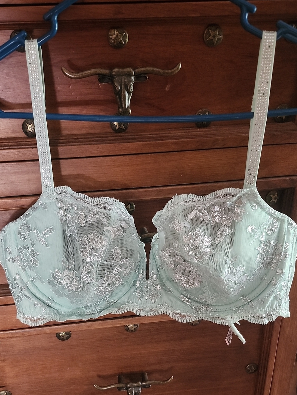 Victoria's Secret Mint Lace Balconette Bra with Silver Embroidery 36D